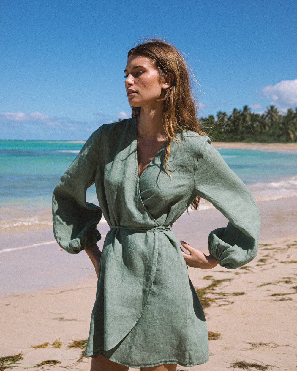 Manebí Linen Caracas Dress - Mineral Green Spedizione gratuita