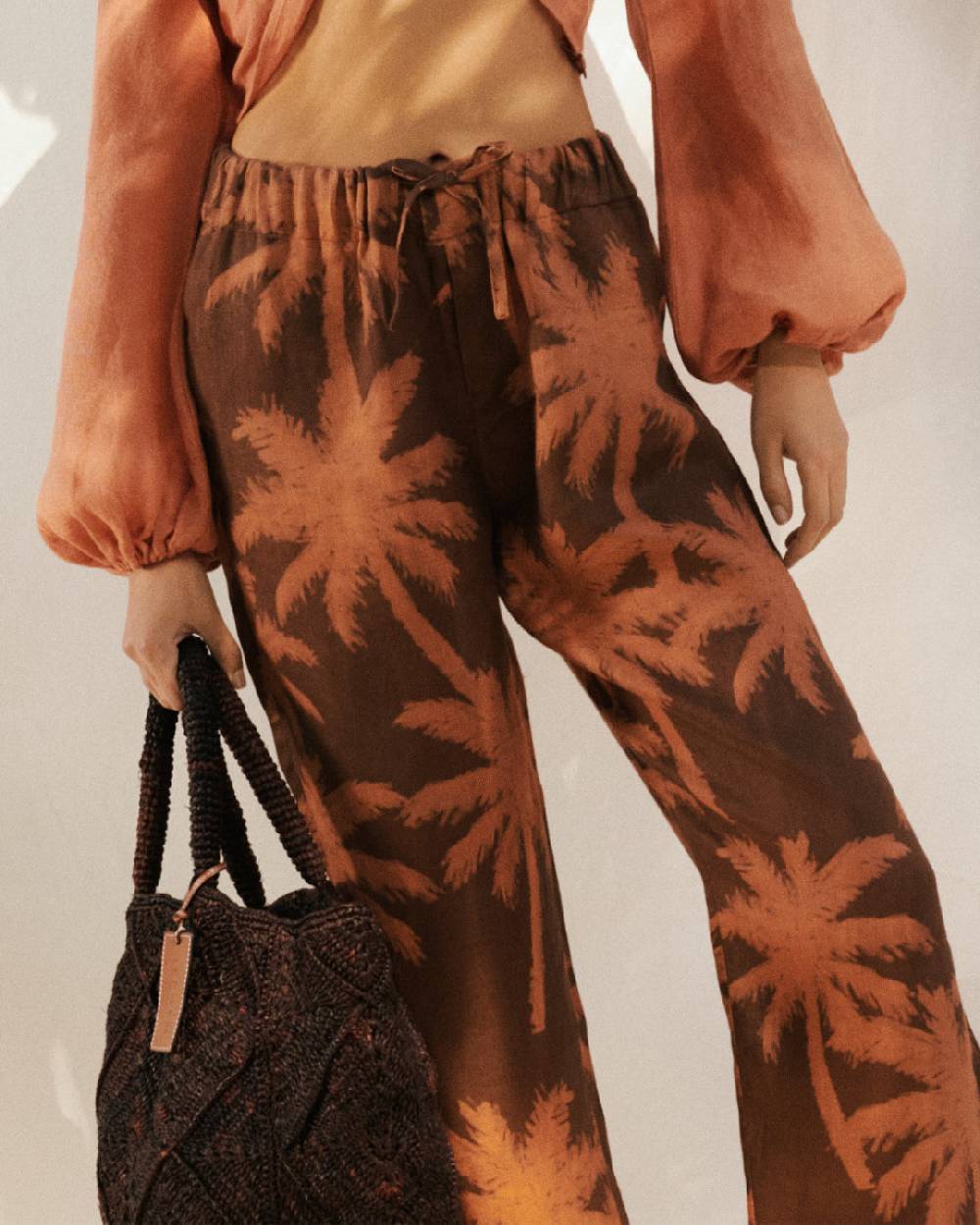 Manebí Printed Linen Belem Trousers - Cocoa And Orange Rust Maxi Palm Cyber Monday