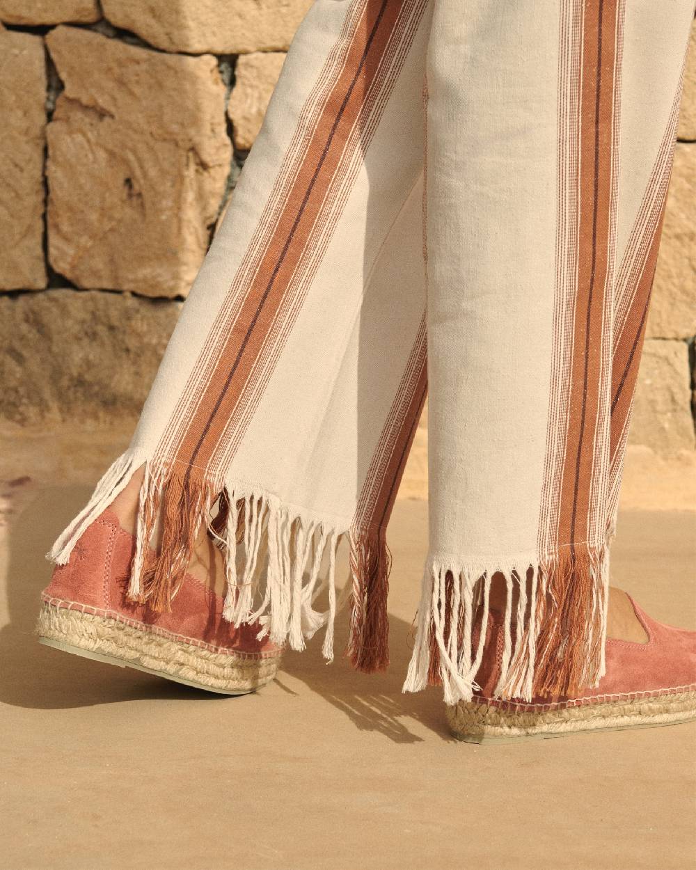 Manebí Cotton-Silk Blend Belem Trousers - Eggnog \u0026 Rust Stripes And Fringes Offerta Pasqua