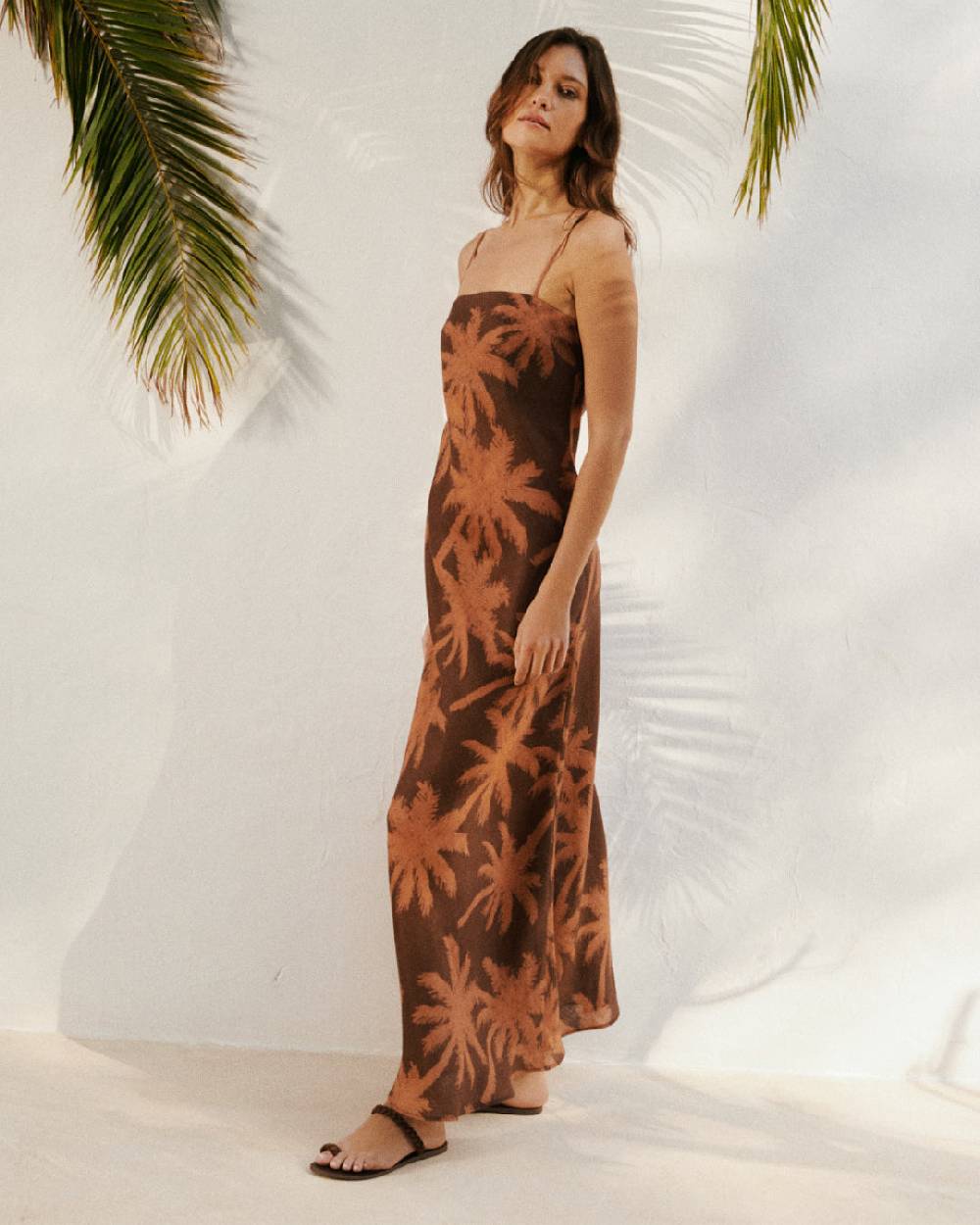 Manebí Printed Linen Cuzco Dress - Cocoa And Orange Rust Maxi Palm Offerta temporanea