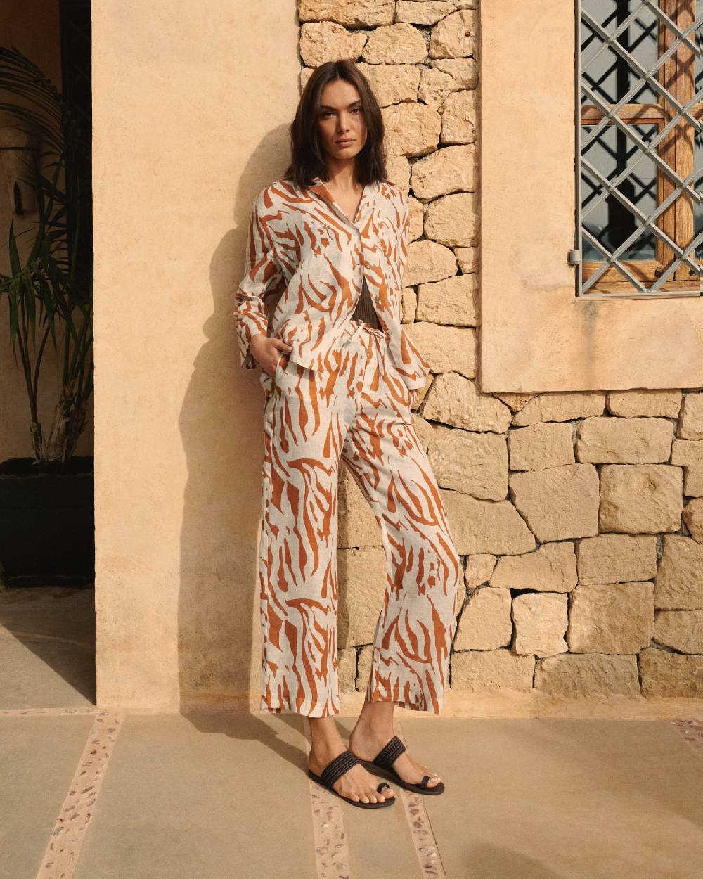Manebí Printed Linen Belem Trousers - Eggnog \u0026 Orange Rust Zebra Bestseller