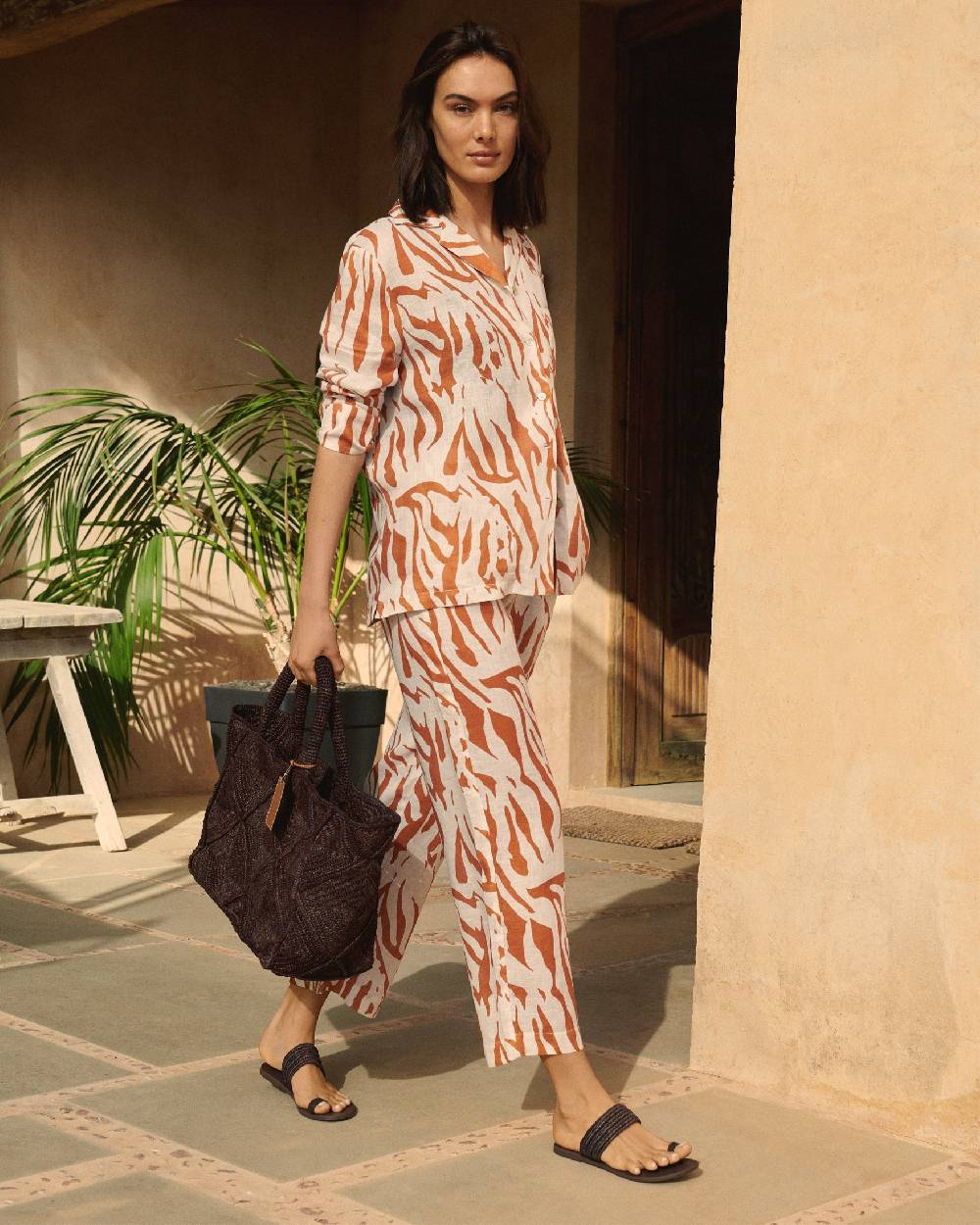 Manebí Printed Linen Belem Trousers - Eggnog \u0026 Orange Rust Zebra Bestseller