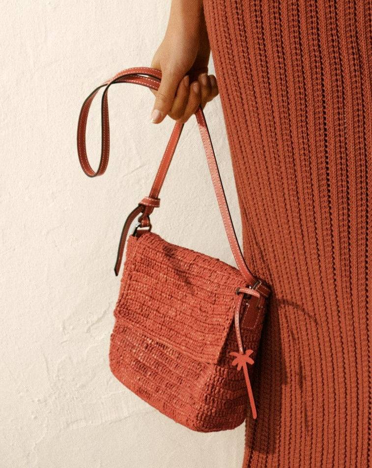 Manebí Raffia \u0026 Leather|Summer Night Bag Medium - Rust Liquidazione
