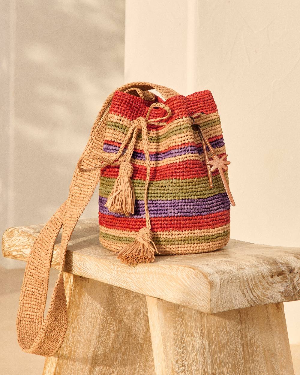 Manebí Raffia Beach Bucket - Rust Tan Mineral Green Summer Purple Stripes Offerta speciale della fabbrica