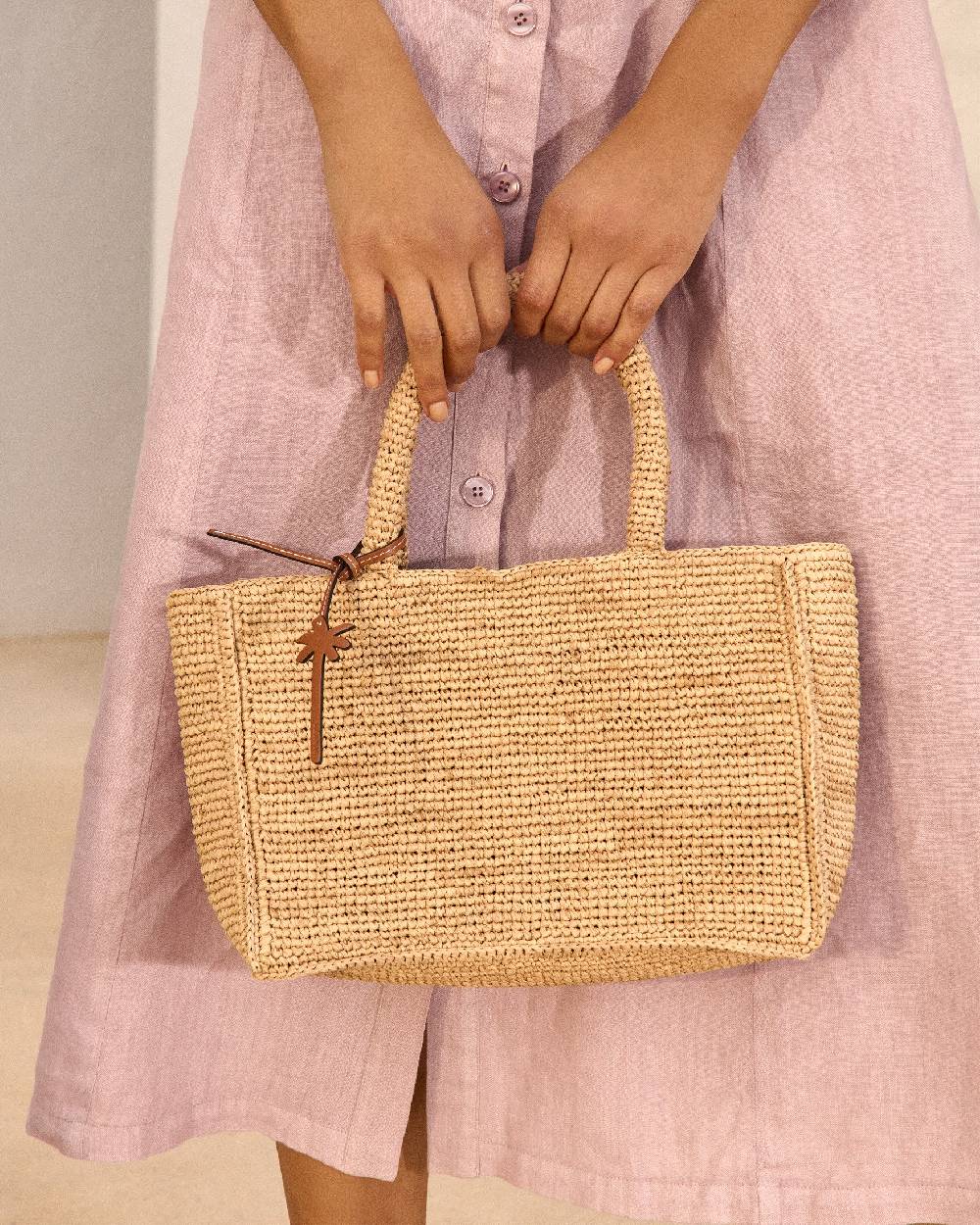 Manebí Raffia Sunset Bag Small - Palm Leather Tag Tan Solo un giorno rimasto
