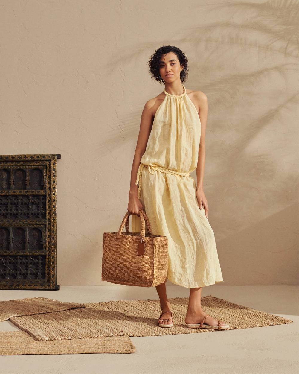 Manebí Raffia Sunset Bag Large - Leather Tag Tan Trasporto libero internazionale