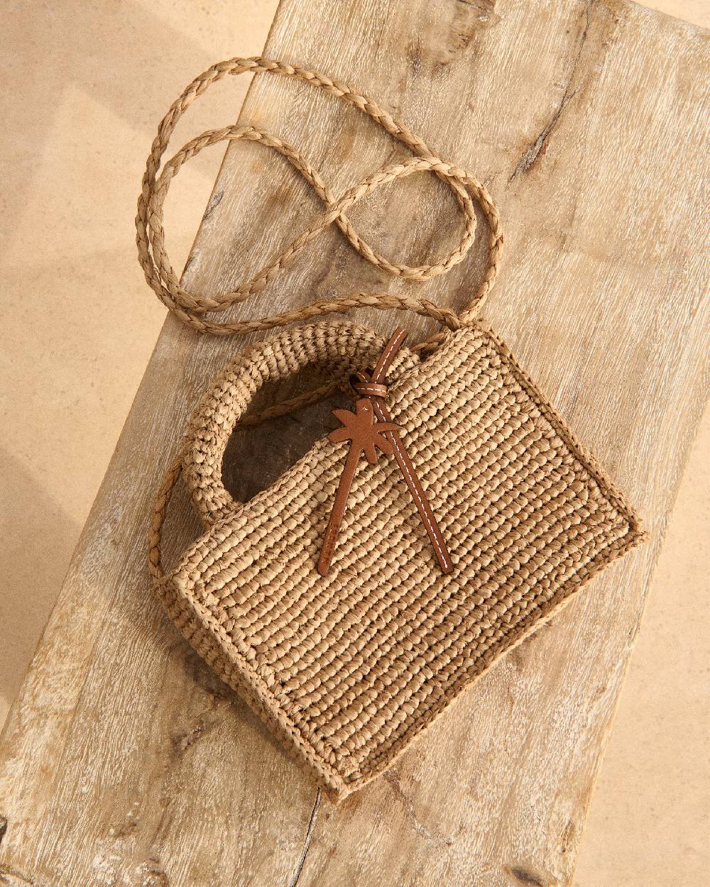 Manebí Natural Raffia Sunset Bag Mini - Palm Leather Tag - Tan Officina