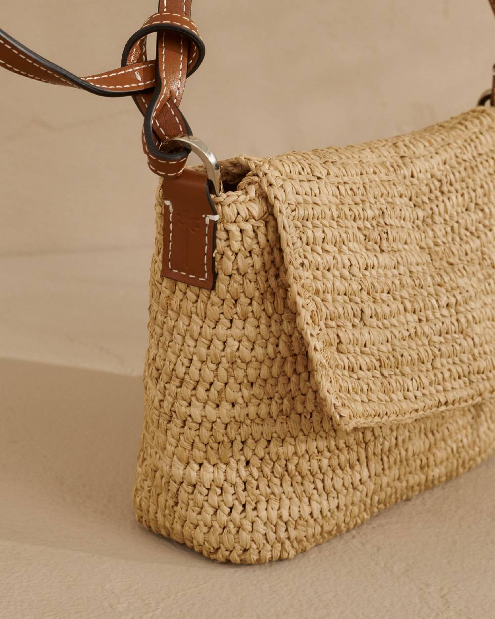 Manebí Raffia Summer Night Bag Medium - Leather Handle \u0026 Palm Leather Tag Natural and Brown Esporta salva
