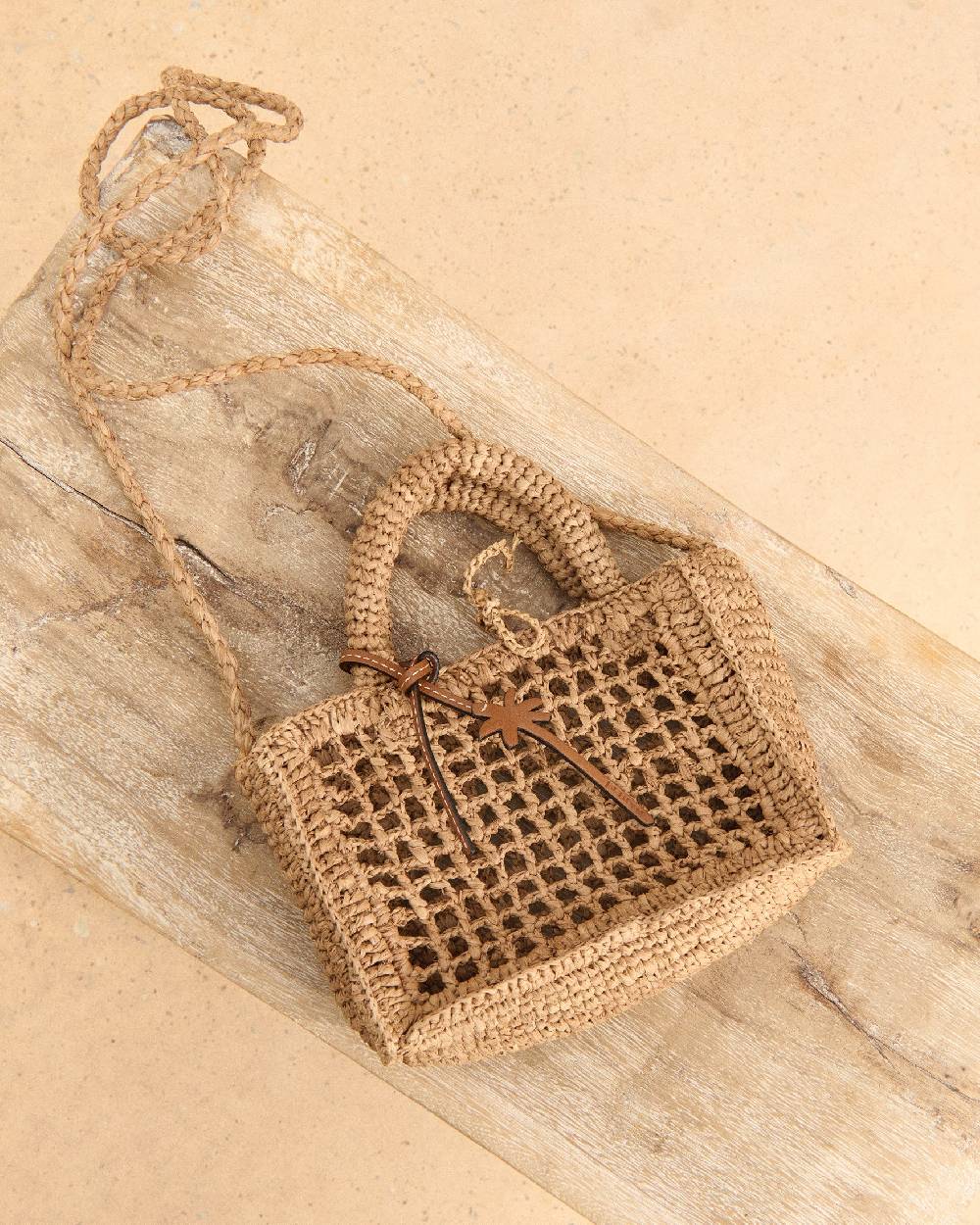 Manebí Natural Raffia Sunset|Bag Mini Net - Palm Leather Tag Tan Duty-free
