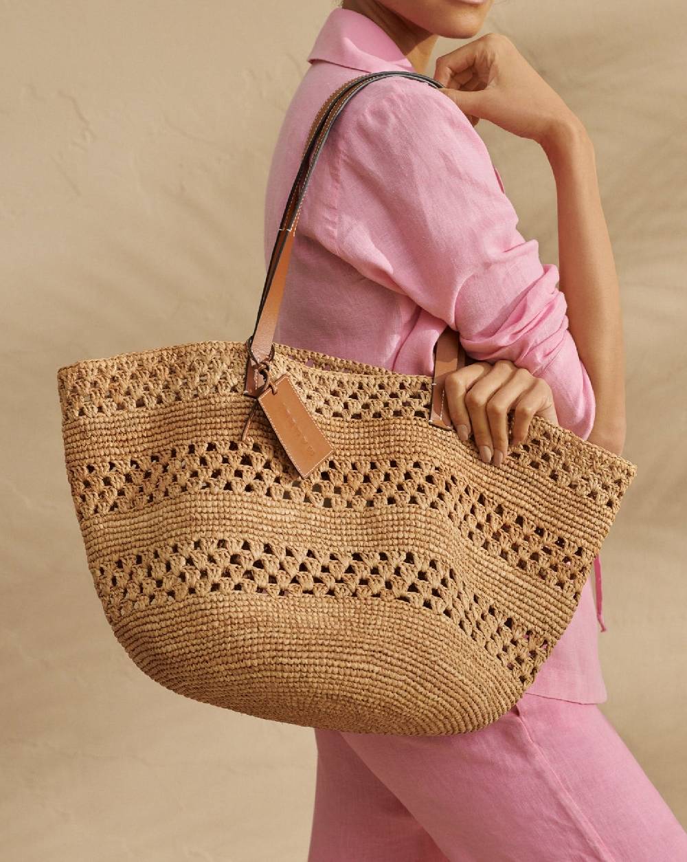 Manebí Weaving Raffia \u0026 Leather Basket Bag - Leather Tag In Linea