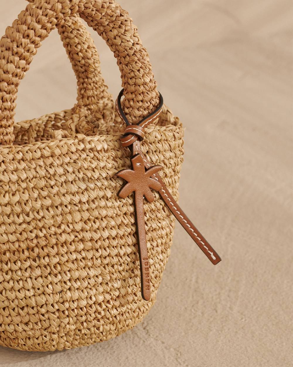 Manebí Raffia Summer Bag Mini - Leather Handle \u0026 Palm Leather Tag Tan Qualità
