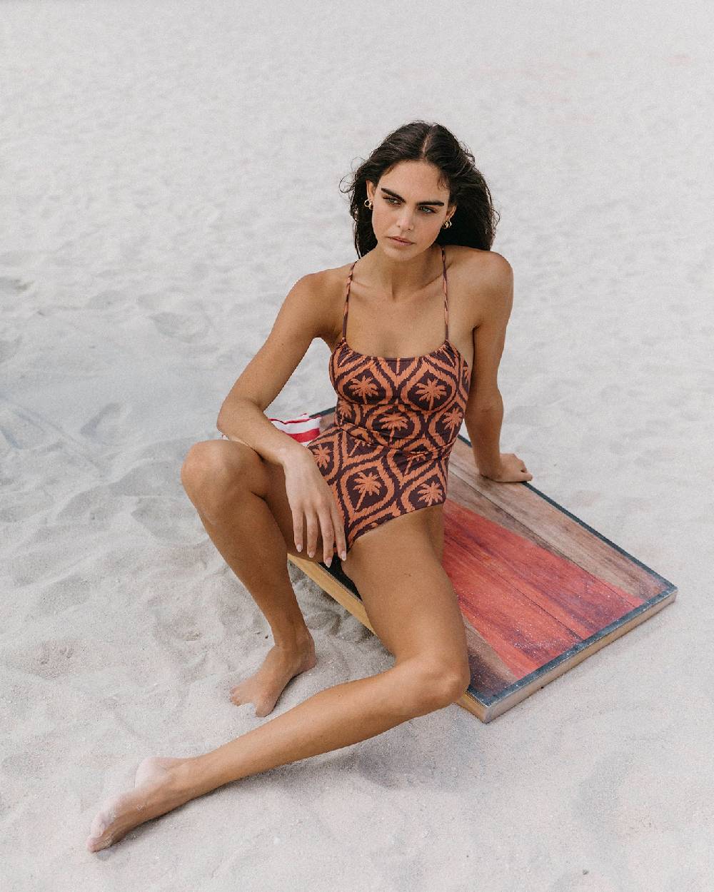 Manebí Printed Cut-out One Piece - Soft Touch Cocoa \u0026 Orange Rust Maxi Ikat Palm Presa