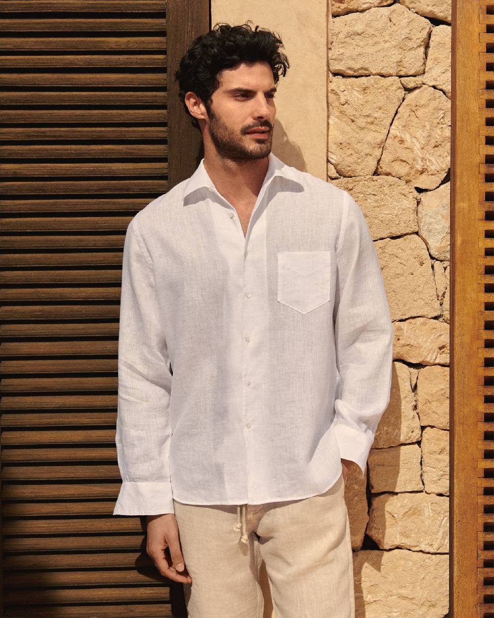 Manebí Linen Panama Shirt - Embroidered Palm White Trasporto libero internazionale