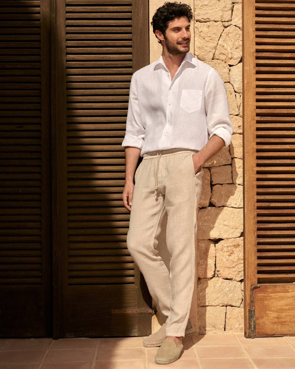 Manebí Linen Panama Shirt - Embroidered Palm White Trasporto libero internazionale