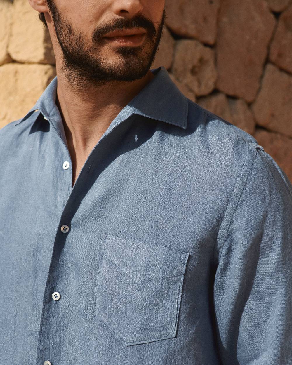 Manebí Washed Linen Panama Shirt - Embroidered Palm Navy Blue Sconti questo mese