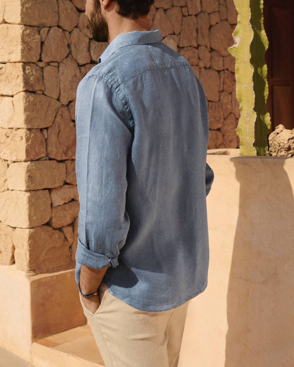 Manebí Washed Linen Panama Shirt - Embroidered Palm Navy Blue Sconti questo mese