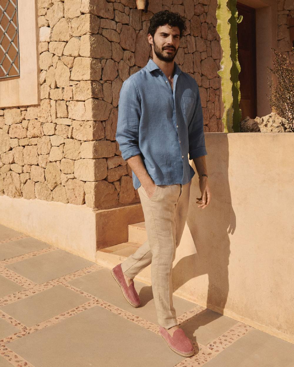 Manebí Washed Linen Panama Shirt - Embroidered Palm Navy Blue Sconti questo mese