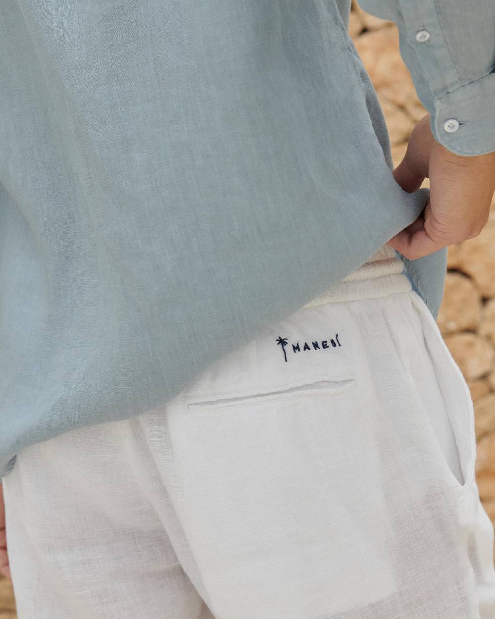 Manebí Washed Linen Venice Trousers - Embroidered Logo White Italia