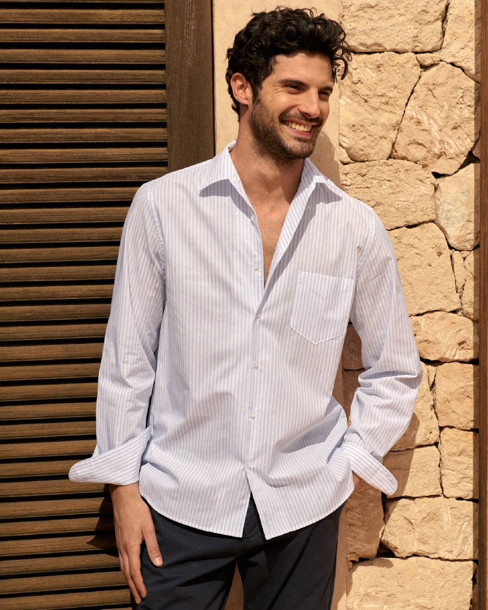 Manebí Poplin Panama Shirt - Light Blue \u0026 White Watercolor Stripes Promozione
