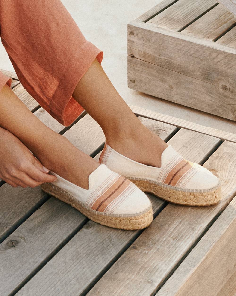 Manebí Cotton Linen And Silk Raw Fabric|Double Sole Espadrilles - Rust Macro Stripe Latest stili