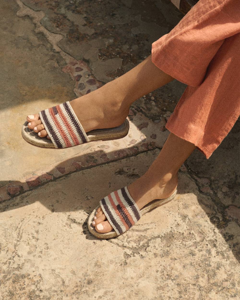 Manebí Cotton Crochet Jute Sandals - Cocoa \u0026 Orange Rust Stripes Fino al 60% di sconto