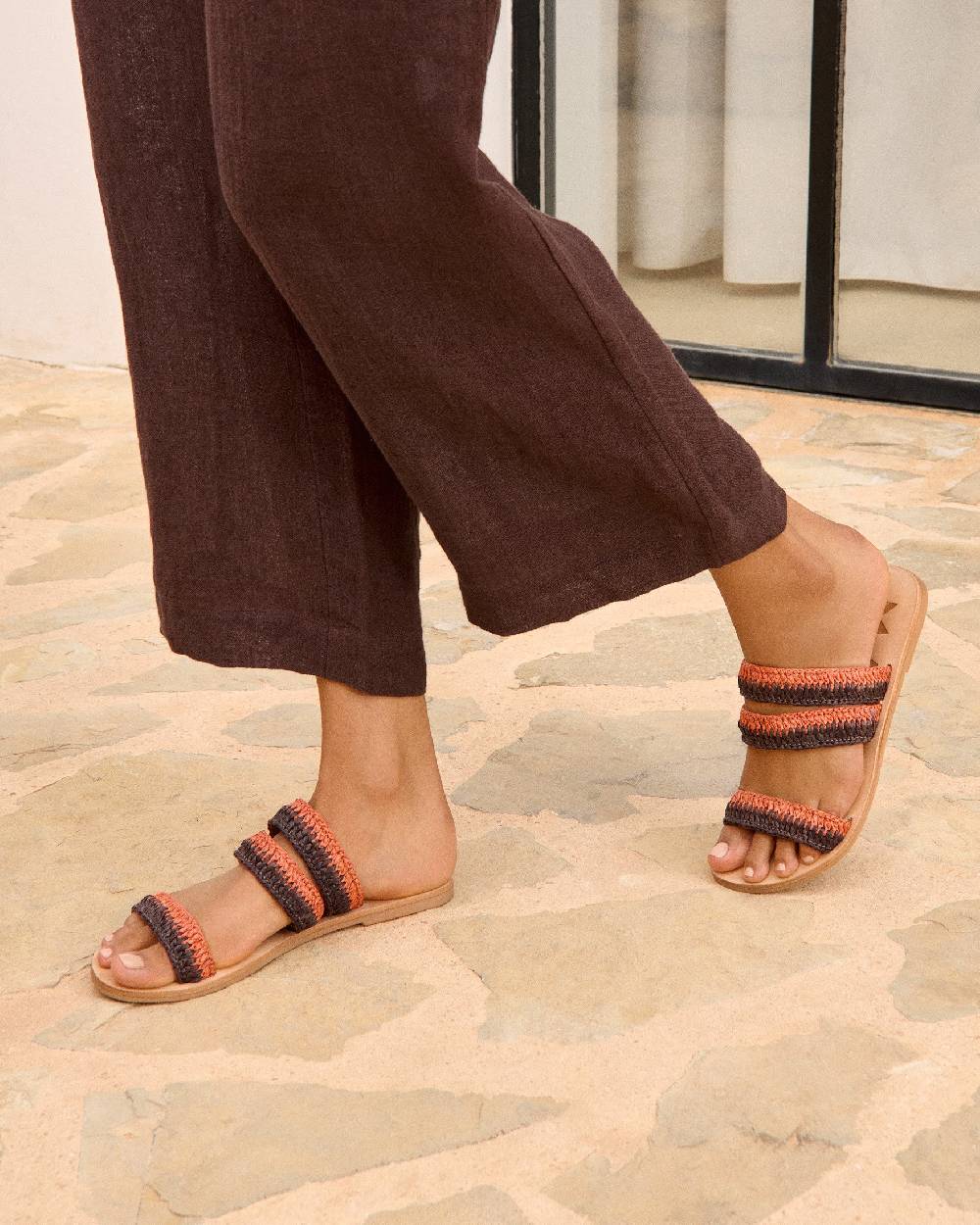 Manebí Raffia Stripes Leather|Three Bands Sandals - Orange Rust \u0026 Cocoa Limitato a 3 giorni