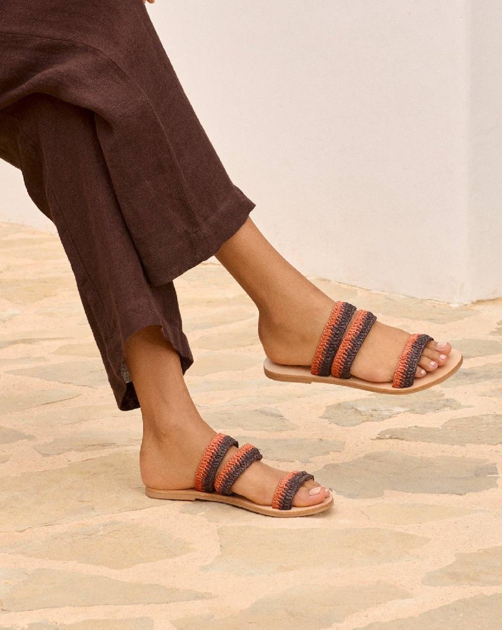 Manebí Raffia Stripes Leather|Three Bands Sandals - Orange Rust \u0026 Cocoa Limitato a 3 giorni