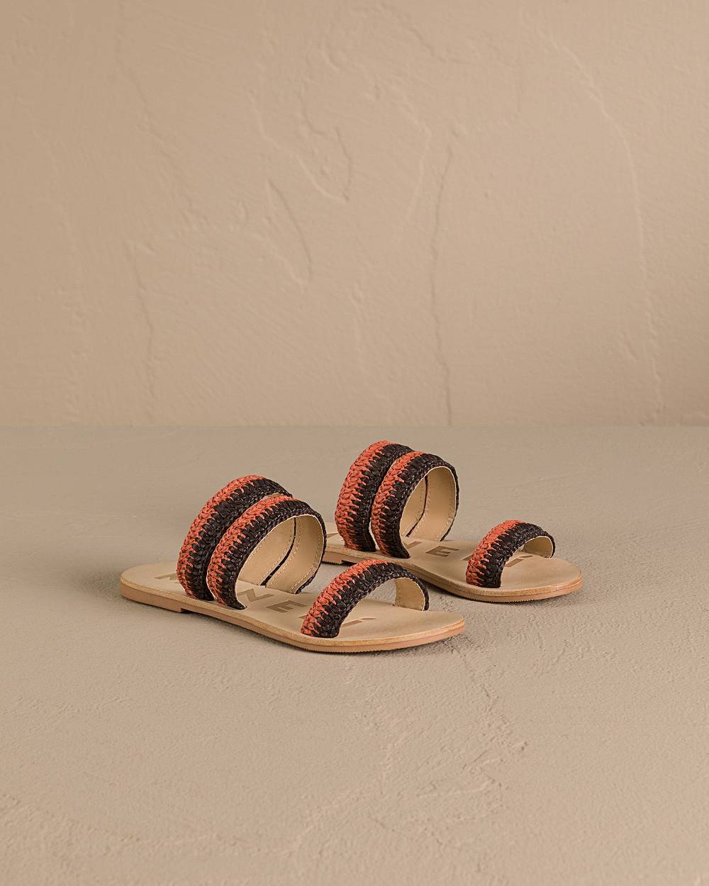 Manebí Raffia Stripes Leather|Three Bands Sandals - Orange Rust \u0026 Cocoa Limitato a 3 giorni