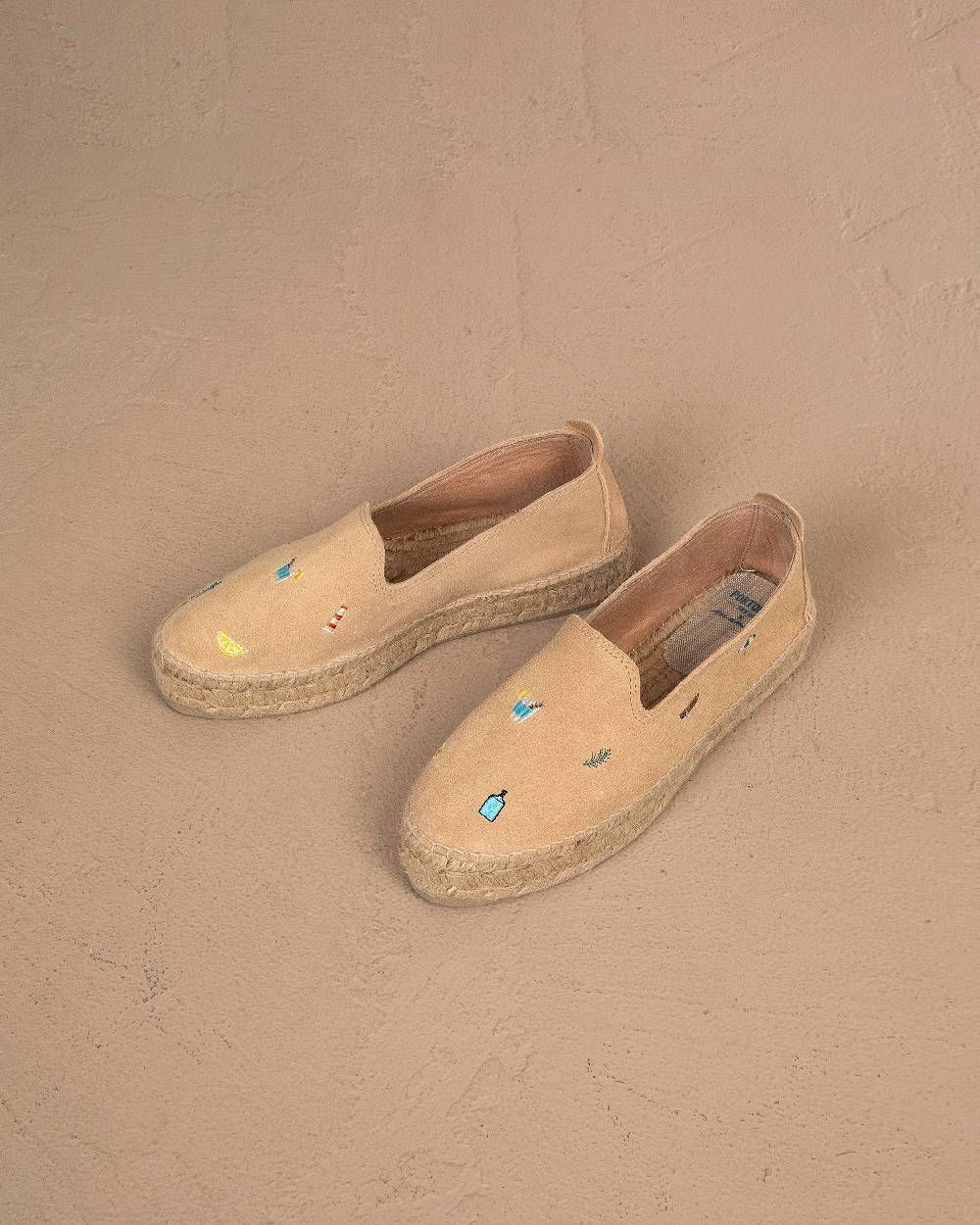 Manebí Espadrillas con Platform in Pelle Scamosciata - Portofino Dry Gin X Manebí Champagne Beige con Ricami Multicolor Consegna Veloce