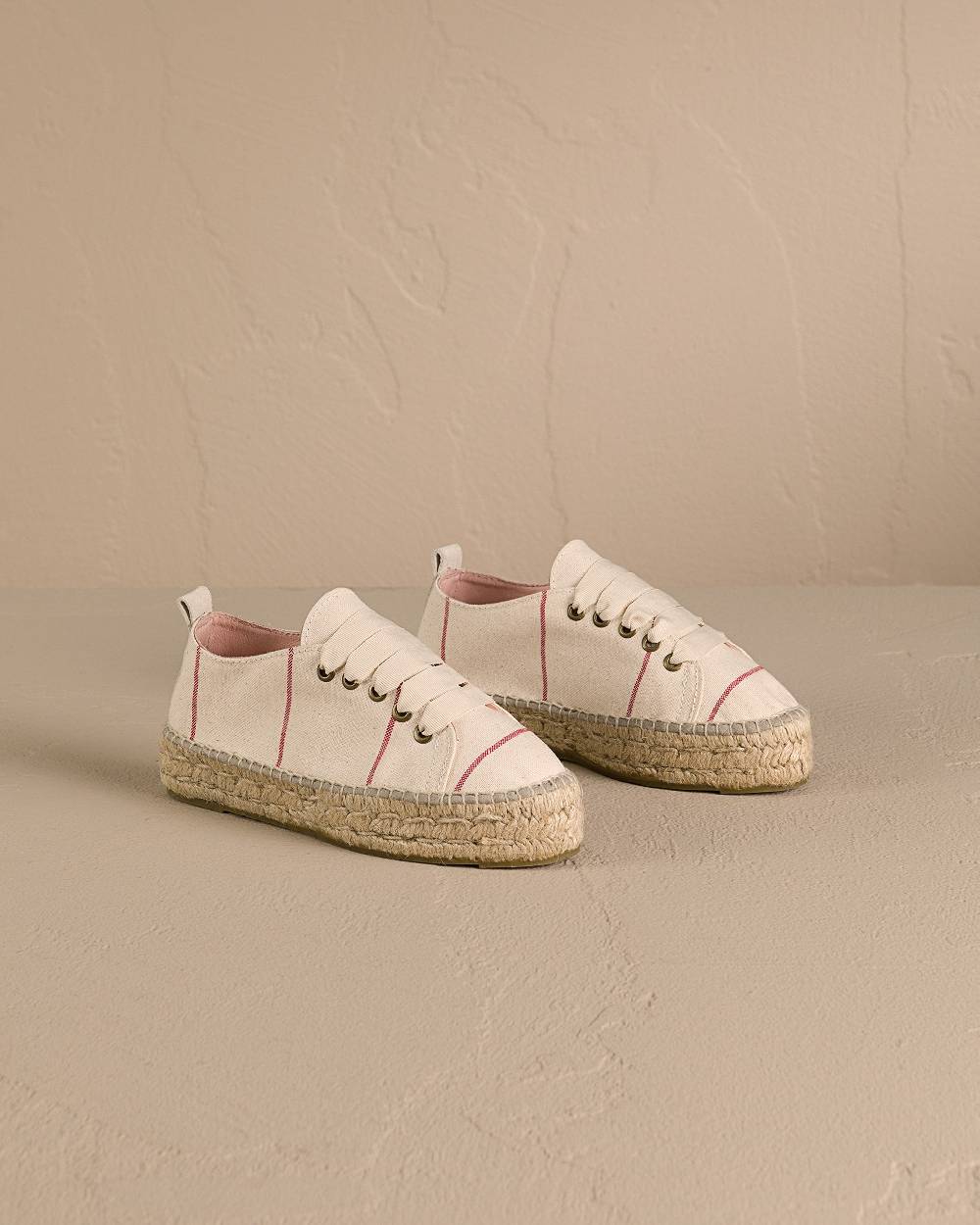 Manebí Woven Canvas|Lace-Up Espadrilles - Red Micro Stripes On Beige Affare Del Giorno