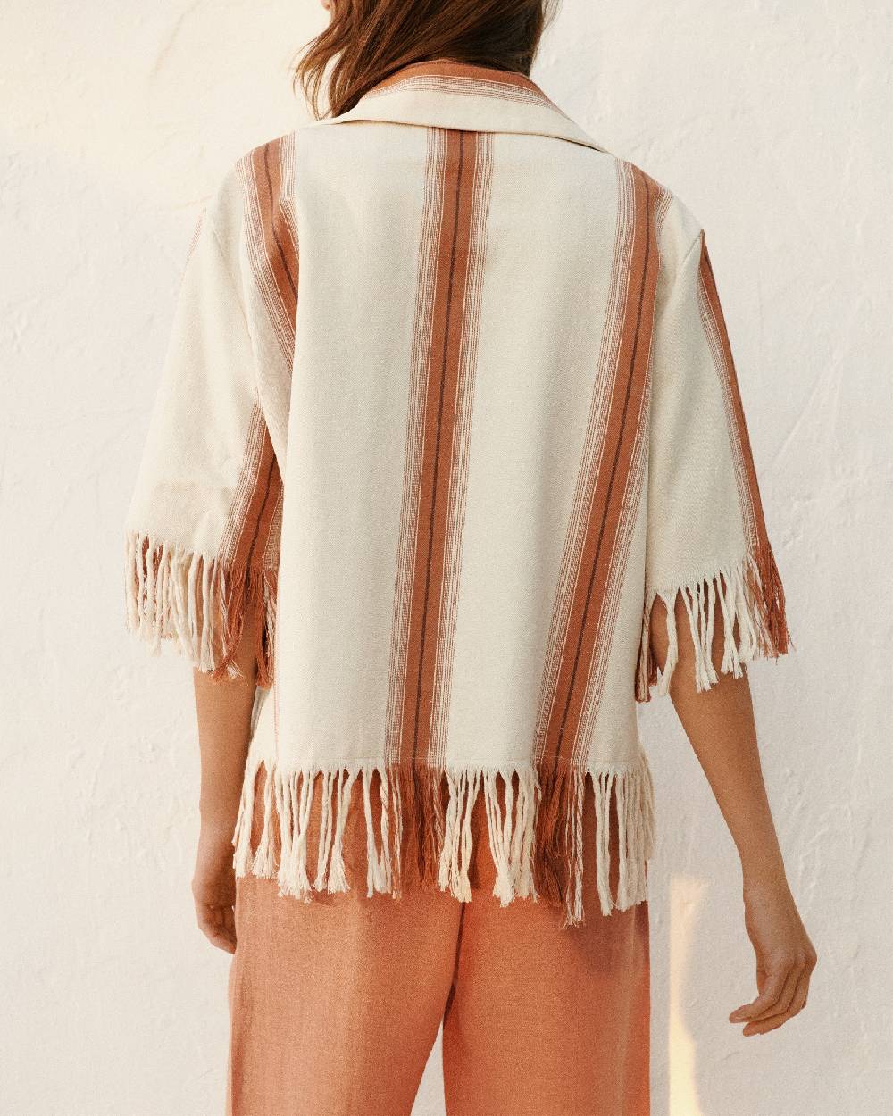 Manebí Cotton Silk Blend Cumana Shirt - Eggnog \u0026 Rust Stripes And Fringes Vendita Economica