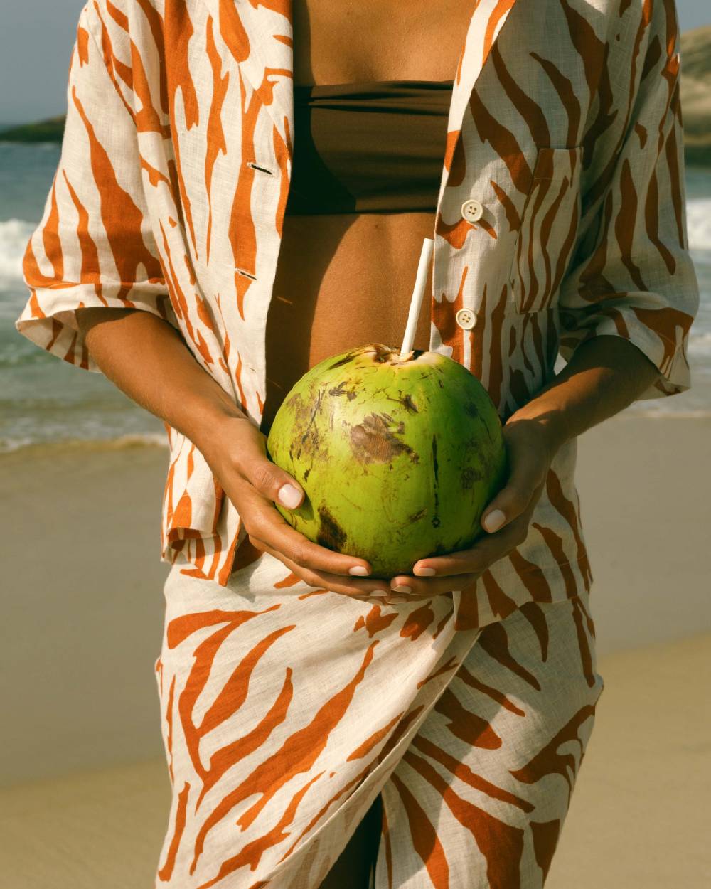 Manebí Printed Linen Cumana Shirt - Eggnog \u0026 Orange Rust Zebra Offerta speciale
