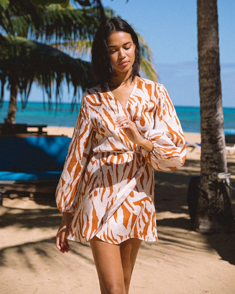 Manebí Printed Linen Caracas Dress - Eggnog \u0026 Orange Rust Zebra Vendite stagionali