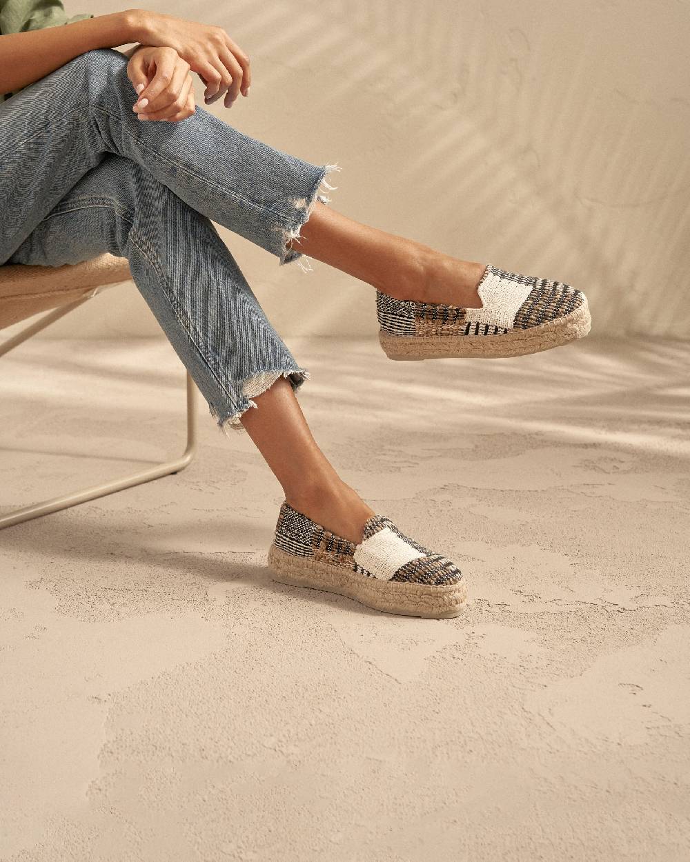 Manebí Silk And Cotton Patchwork|Double Sole Espadrilles - Yucatán White Natural And Black Esporta salva