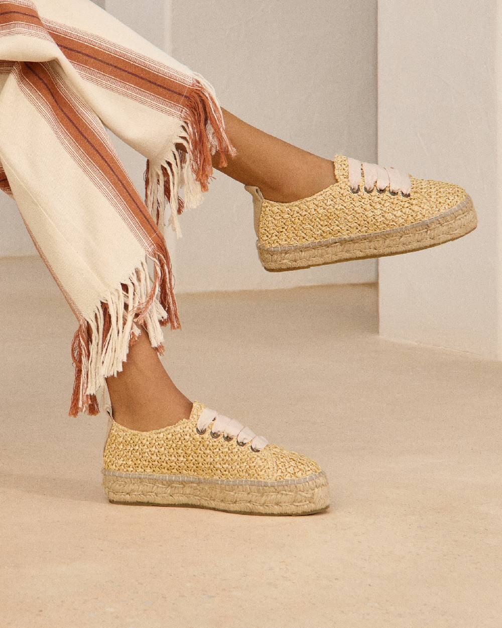 Manebí Raffia Lace-Up Espadrilles - Pink, Light Blue \u0026 Pastel Rose Laces Raffia Net Vendita