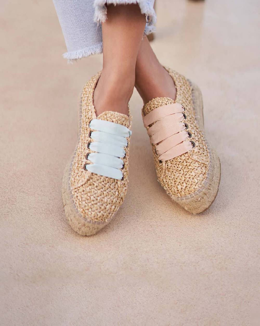 Manebí Raffia Lace-Up Espadrilles - Pink, Light Blue \u0026 Pastel Rose Laces Raffia Net Vendita