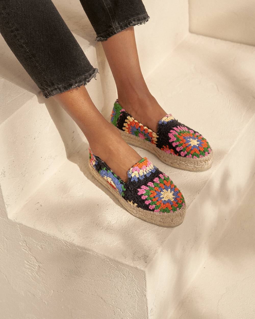 Manebí Cotton Crochet Double Sole Espadrilles - Yucatán Orange And Pink On Black Pezzi Unici