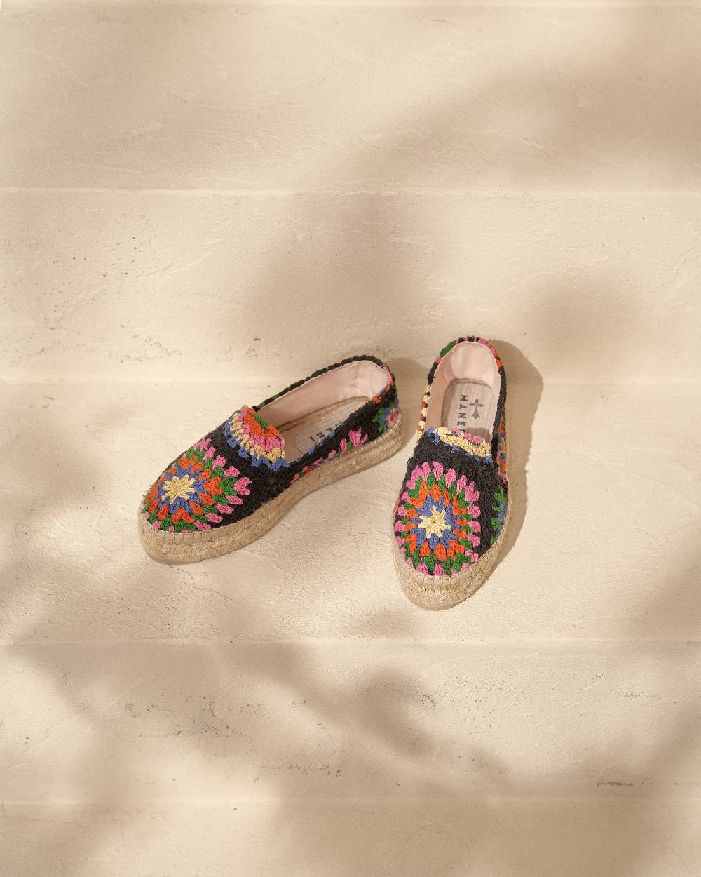 Manebí Cotton Crochet Double Sole Espadrilles - Yucatán Orange And Pink On Black Pezzi Unici