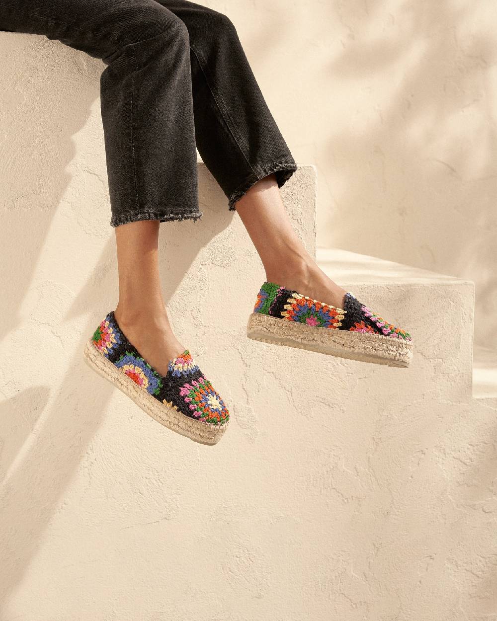 Manebí Cotton Crochet Double Sole Espadrilles - Yucatán Orange And Pink On Black Pezzi Unici