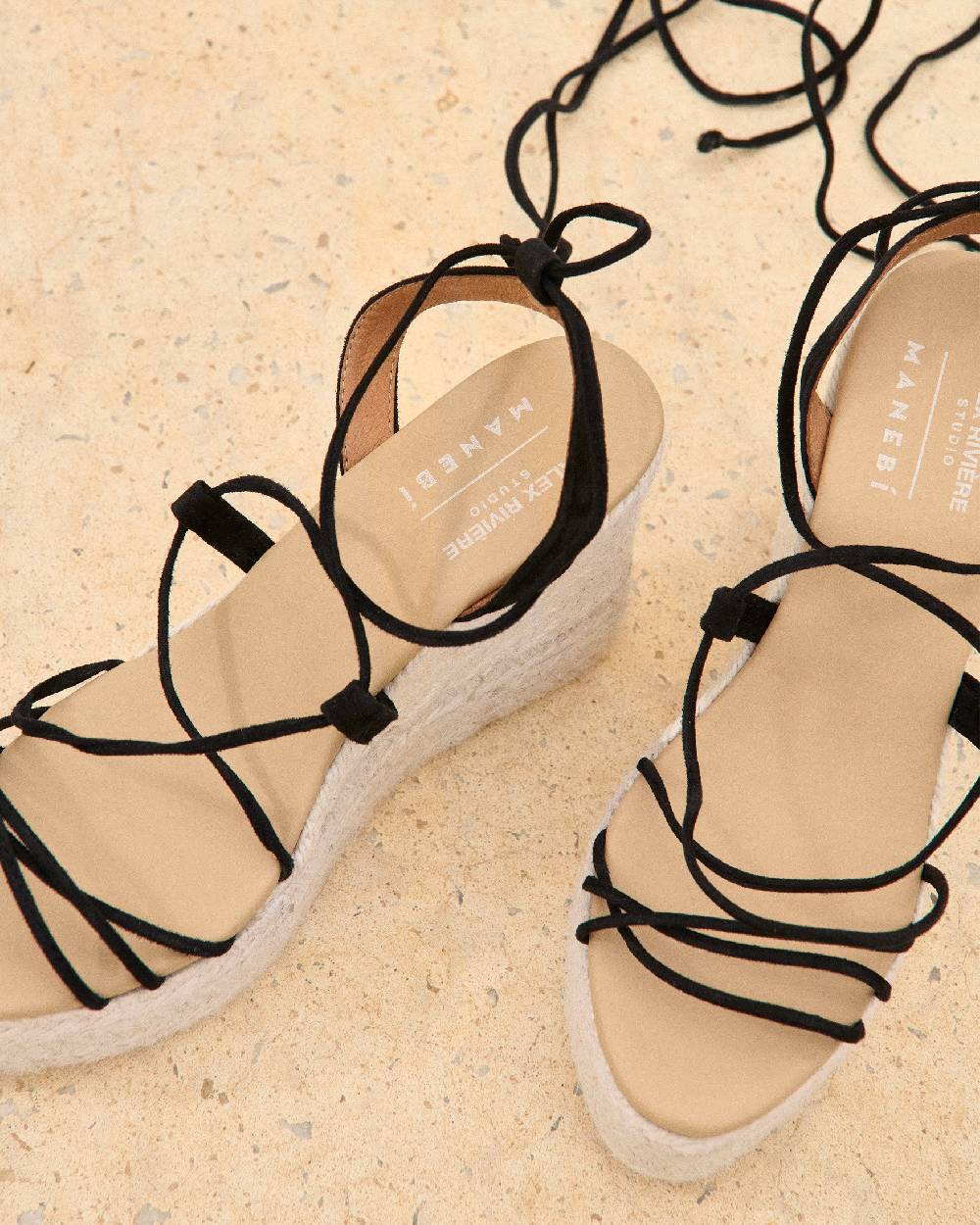 Manebí Portofino Soft Suede|Wedge Espadrilles - Lace-Up Black Fornitura limitata