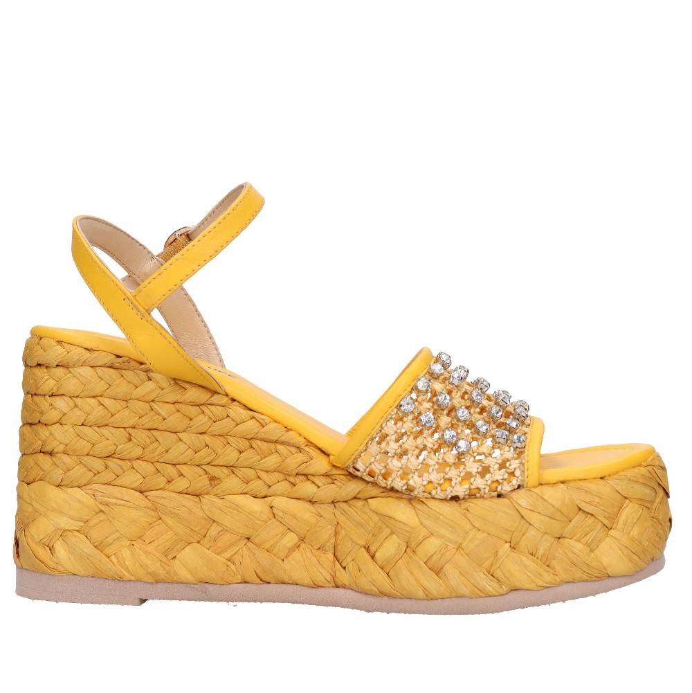 EMANUELLE VEE Sandali Zeppa in pelle e rafia Black Friday Prezzi