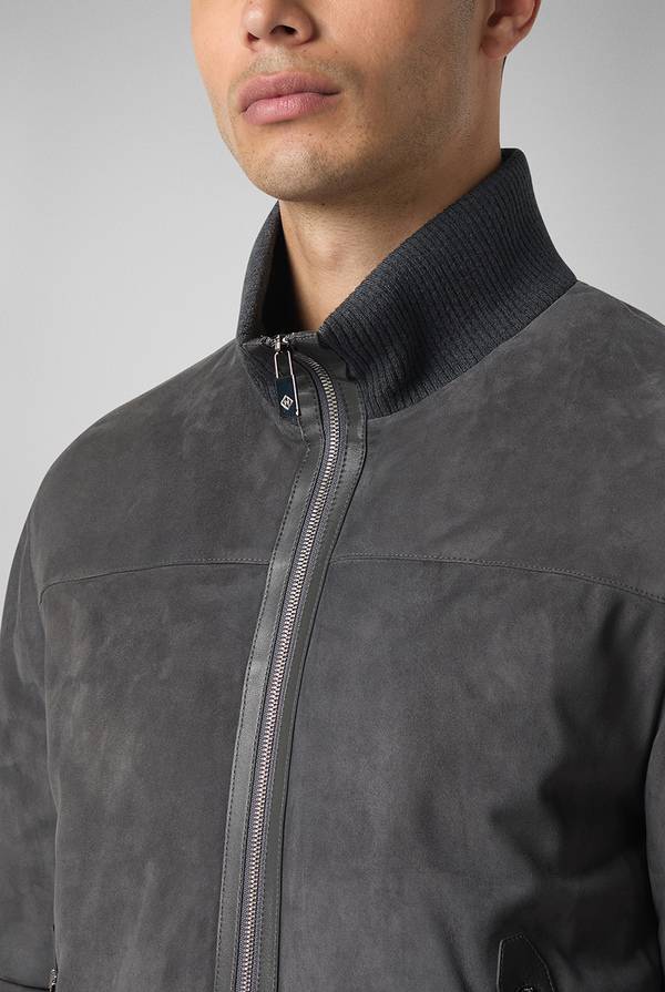 Pal Zileri Bomber in suede antracite con finiture in maglia In Vendita