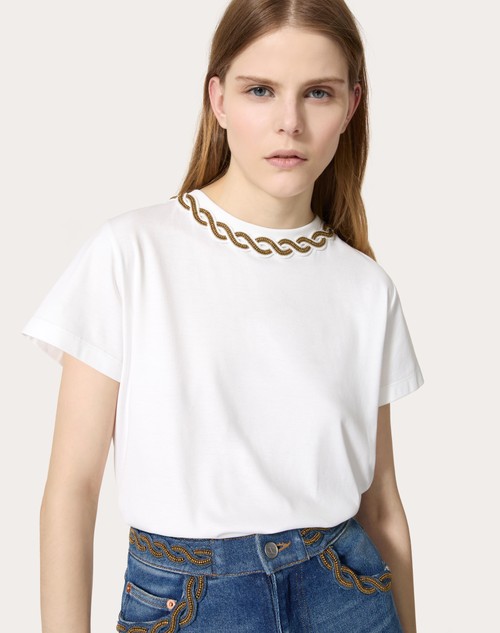 Red Valentino T-SHIRT IN COTTON JERSEY RICAMATA Saldi Di Fabbrica