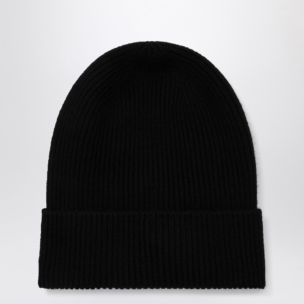 Moncler Cuffia nera in lana con patch logo Offerte stagionali