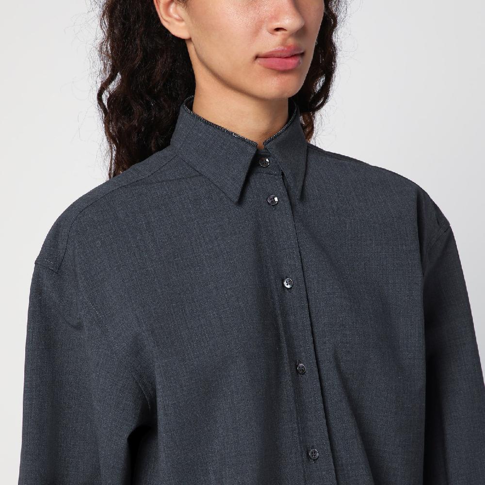 Brunello Cucinelli Camicia grigia scura con Shiny Collar Detail Italia