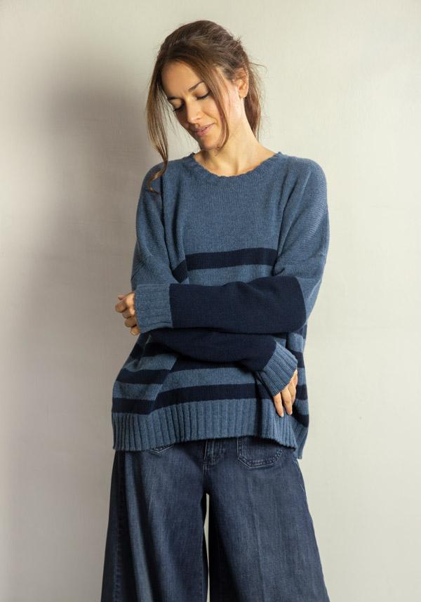 Rose & Lini MARCHÉ DES PALMIERS WOOL “GINEVRINA” STRIPED PULL BORMIDA & BLUE In Vendita