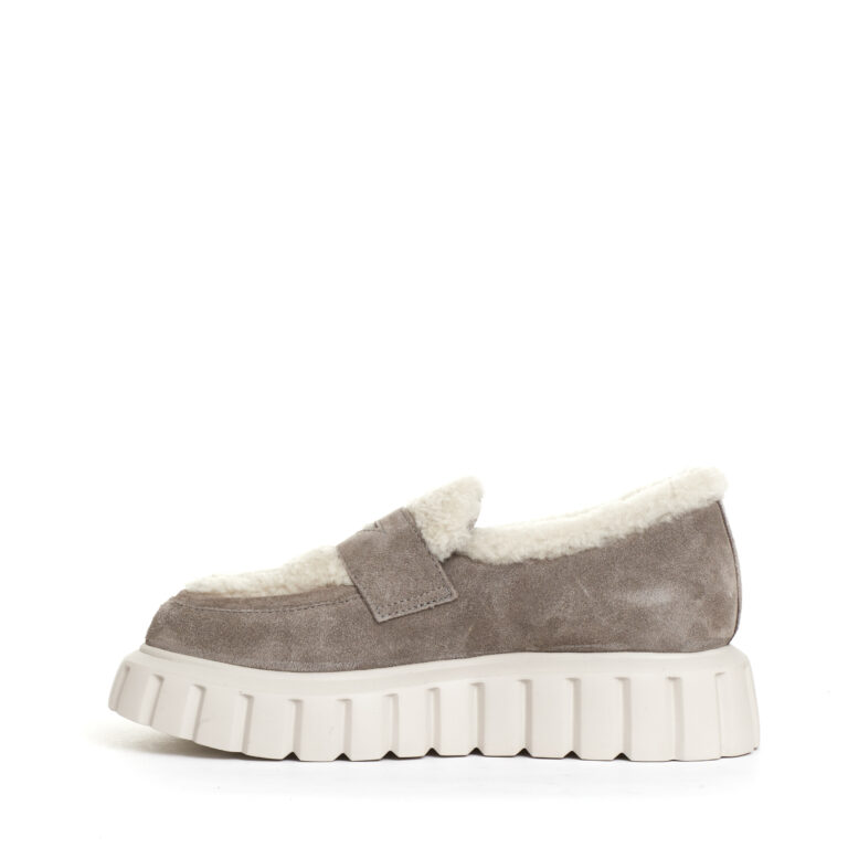 Sorelle Perego mocassino camoscio taupe e ecomontone Offerta temporanea