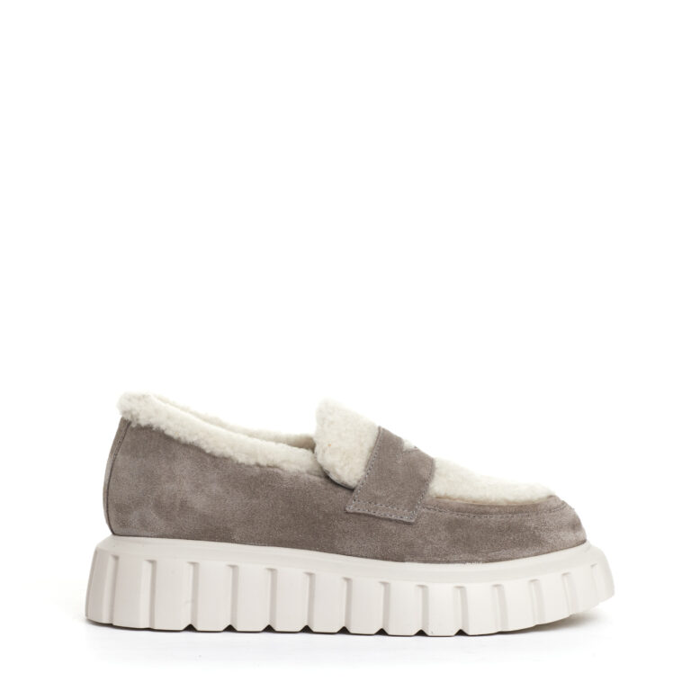 Sorelle Perego mocassino camoscio taupe e ecomontone Offerta temporanea