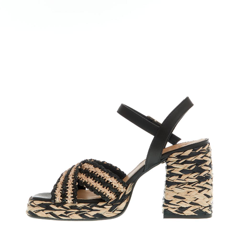 Sorelle Perego sandalo raffia beige e nero tacco 80 mm In Linea
