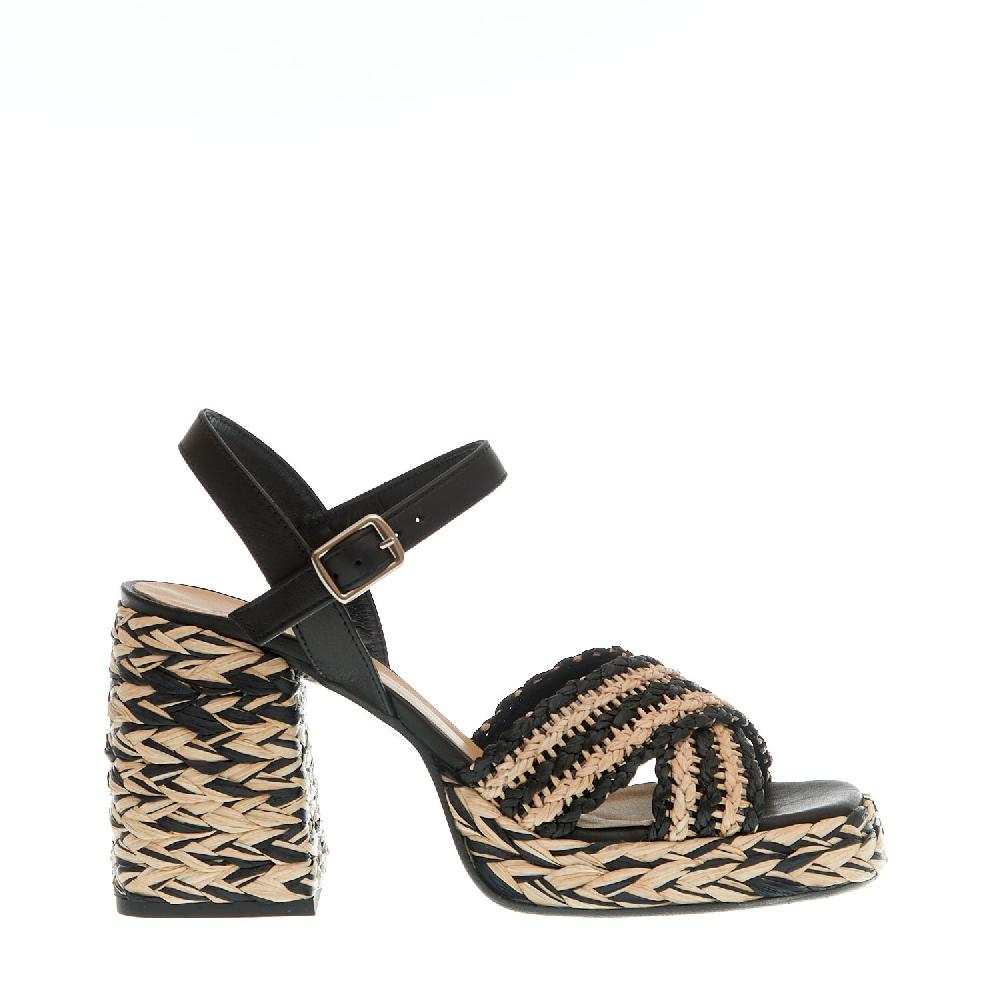 Sorelle Perego sandalo raffia beige e nero tacco 80 mm In Linea